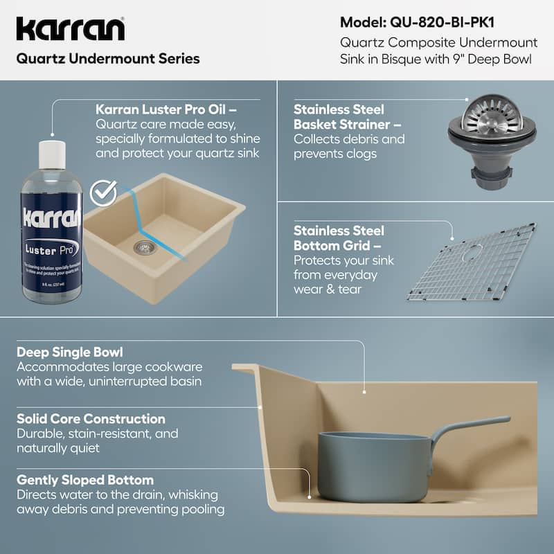 Karran Undermount 24.38 in Single Bowl Quartz Kitchen Sink Kit