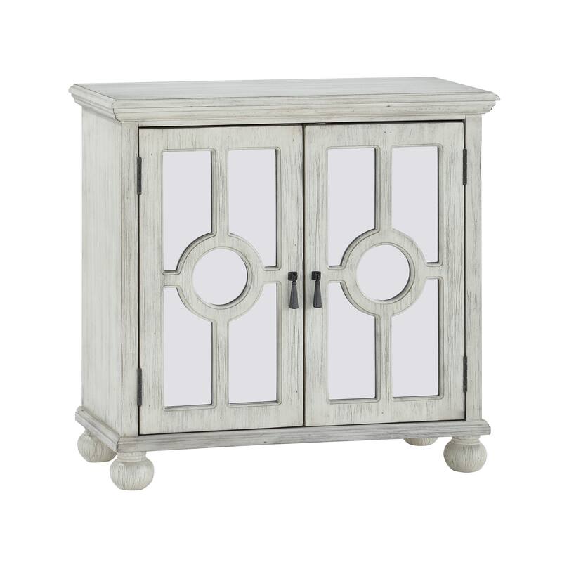 Anik Accent Cabinet, 2 Mirror Inlaid Glass Door, Antique White Wood