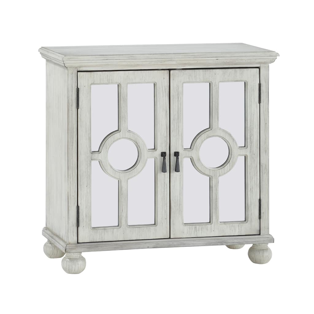 Anik Accent Cabinet, 2 Mirror Inlaid Glass Door, Antique White Wood