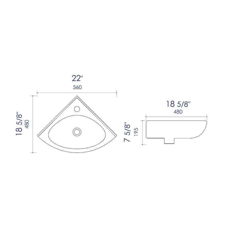 White 22" Corner Wall Mounted Ceramic Sink with Faucet Hole
