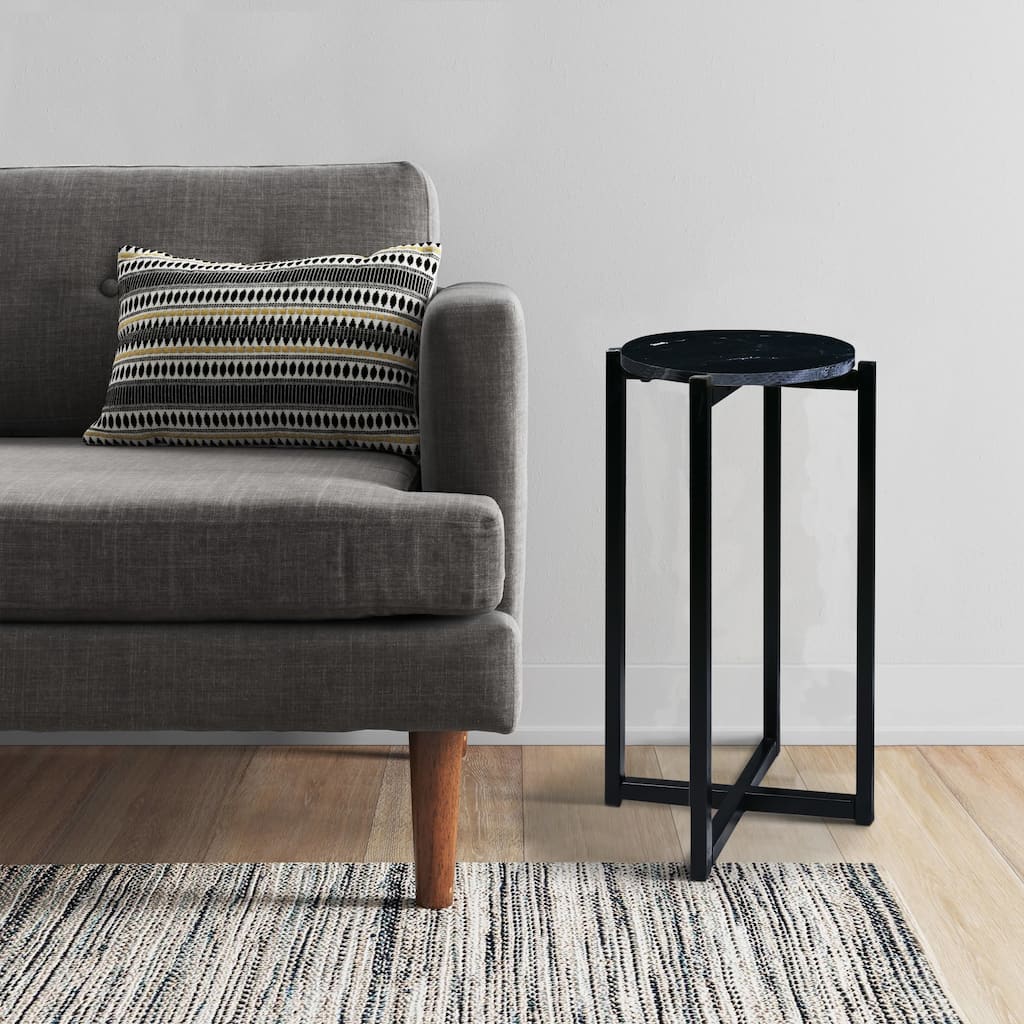 Ivy 24.5 Inch Round Marble Top Accent Side Table with Metal Frame, Black