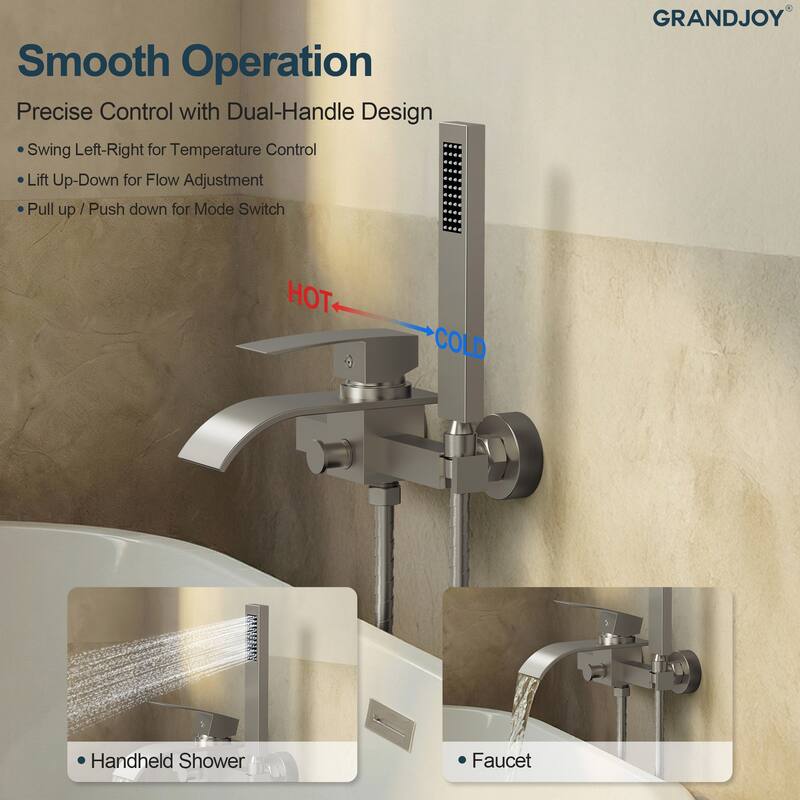 GRANDJOY Wall-mount Waterfall Bathtub Faucet with Handheld Shower