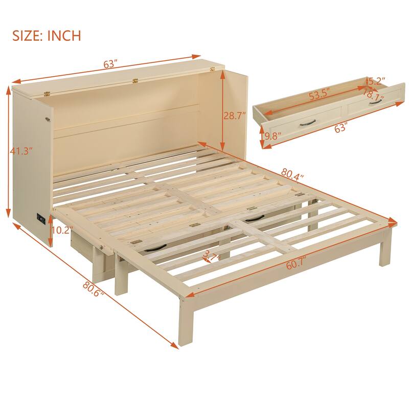 Wood Murphy Bed with Large Drawer and Charging Station, Foldable Cabinet Wall Chest Bed with Rattan Finish, Wood Slats Support