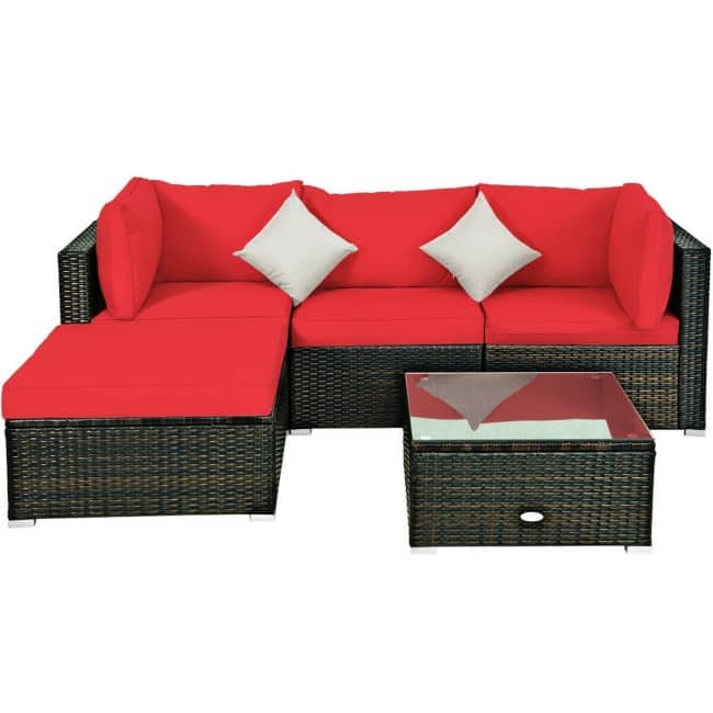 5 Pcs Outdoor Patio Rattan Furniture Set Sectional Conversation with Cushions - 29.5'' x 29.5'' x 25.5'' (L x W xH)