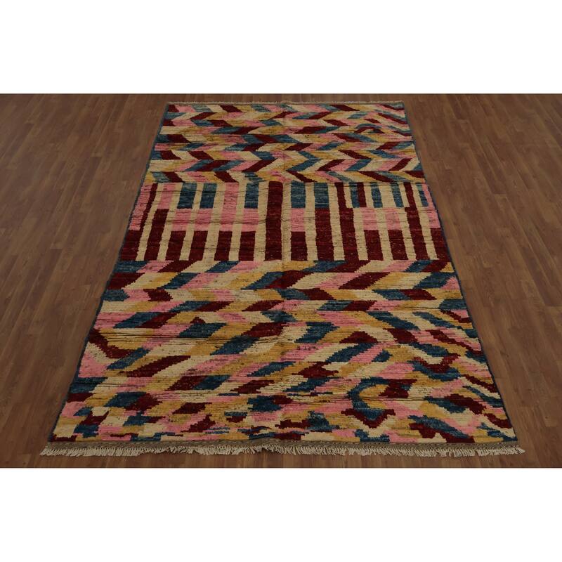 Hand Knotted Oriental 100% Wool Carpet Modern Geometric Multi-Colored Moroccan Area Rug - 10' 3'' X 6' 7''