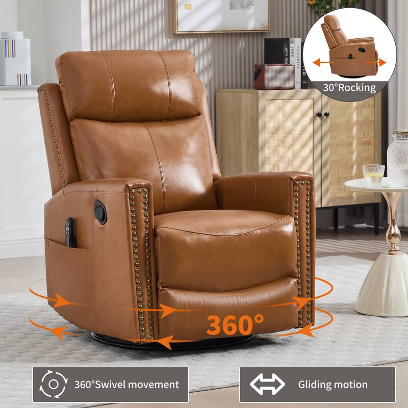One Piece Genuine Leather Recliner Chair with Massage Heat Rocker and Swivel