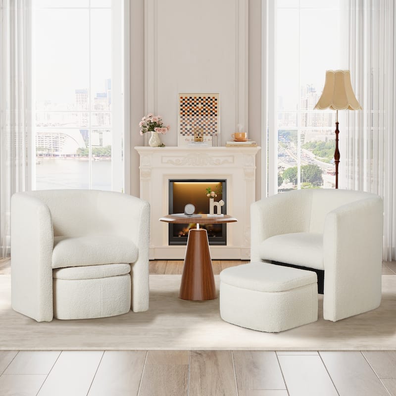 RENEWLINE Sherpa Barrel Chair & Storage Ottoman Set - Plush Compact Accent for Reading Nooks, Cloud-Like Lounge Seat - set of 2 - Cream