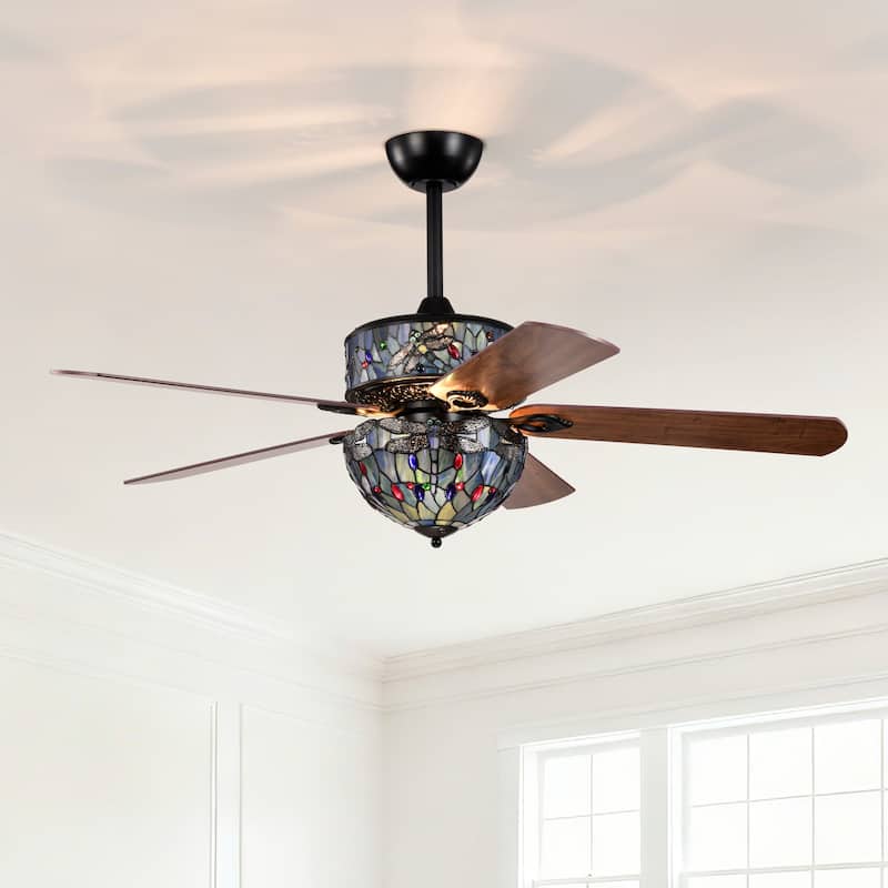 Barkol 5-Blade Lighted Ceiling Fan 2-Tier Tiffany Style Glass