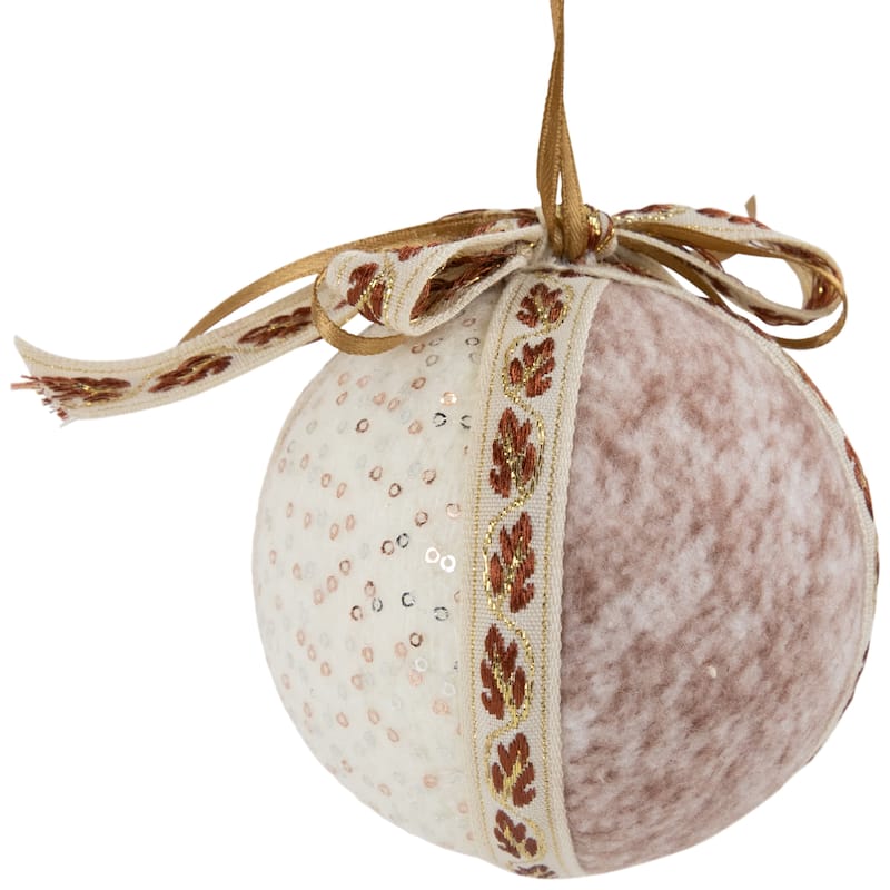 Embroidered Leaves Fuzzy Christmas Ball Ornaments - 3" - Mauve - Set of 6