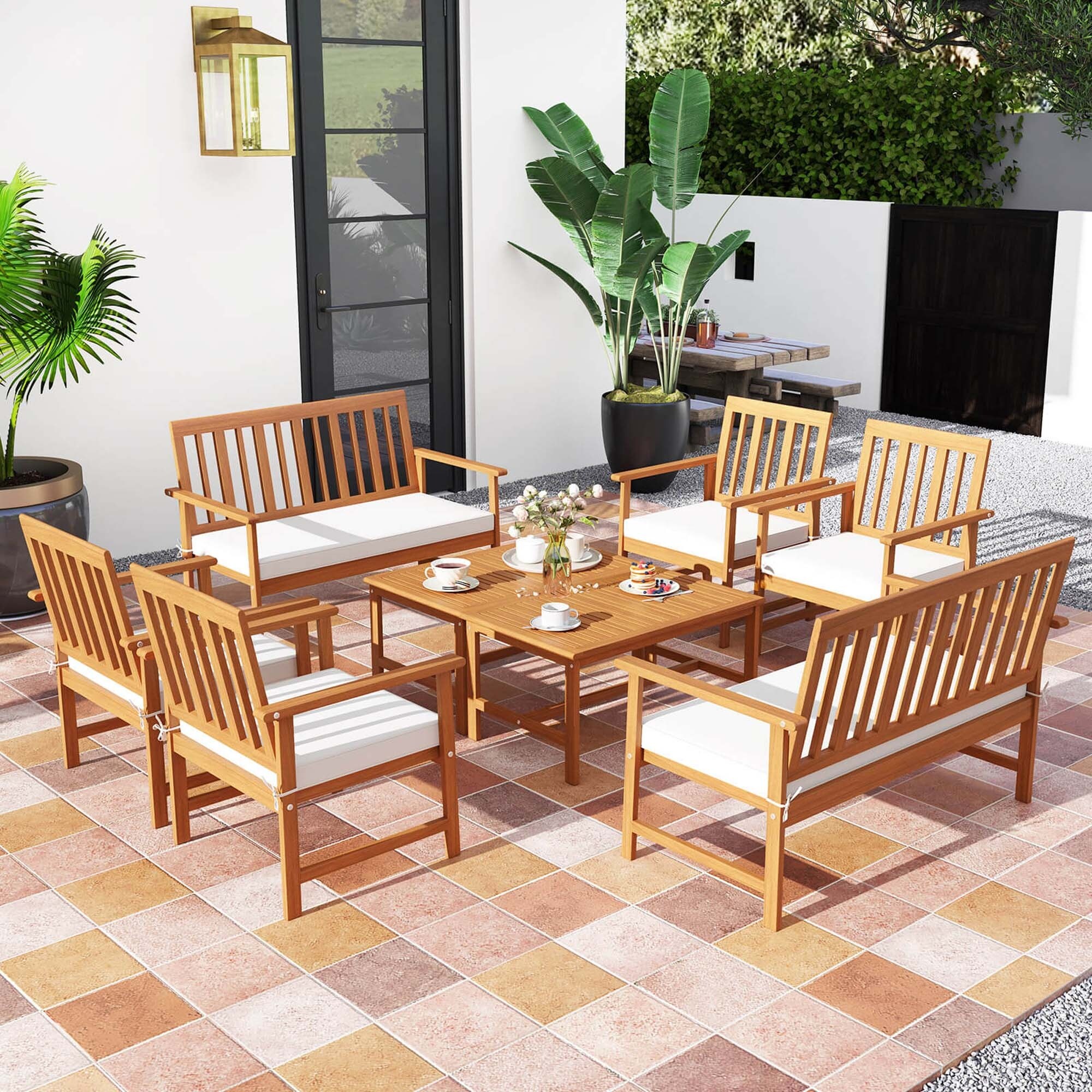 Costway 4/8 PCS Acacia Wood Furniture Set Coffee Table & 2