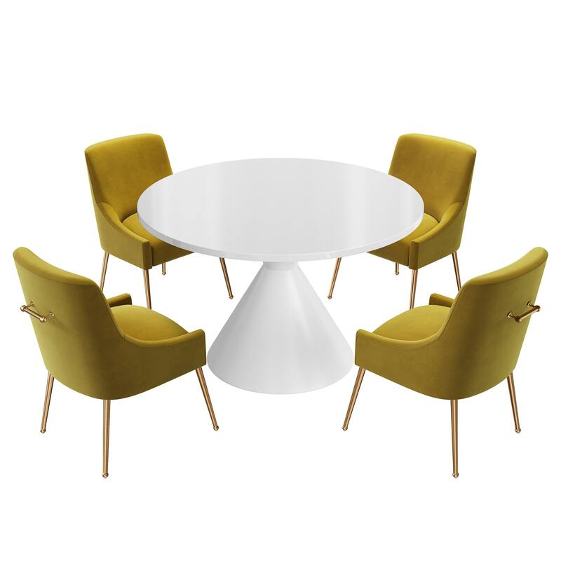 48" Light Luxury White High Gloss Large Countertop Dining Table with Velvet Dining Chair Set