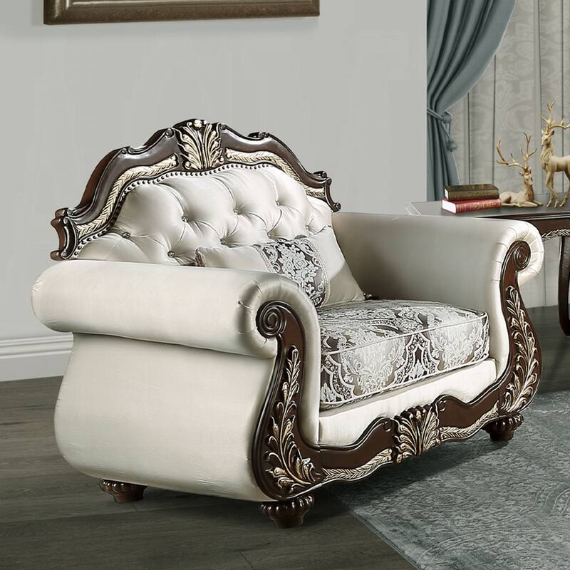 Upholstered Accent Chair with Button Tufted Back in Beige and Cherry