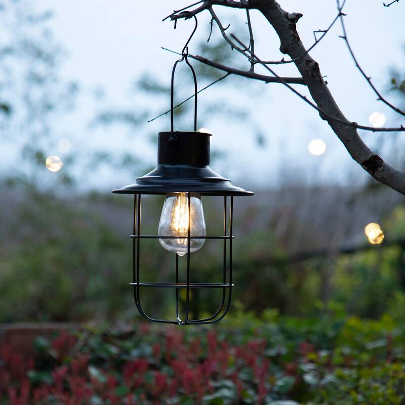 Glitzhome 9.75"H Set of 2 Industrial-Style Wire Solar Powered Outdoor Hanging Lantern