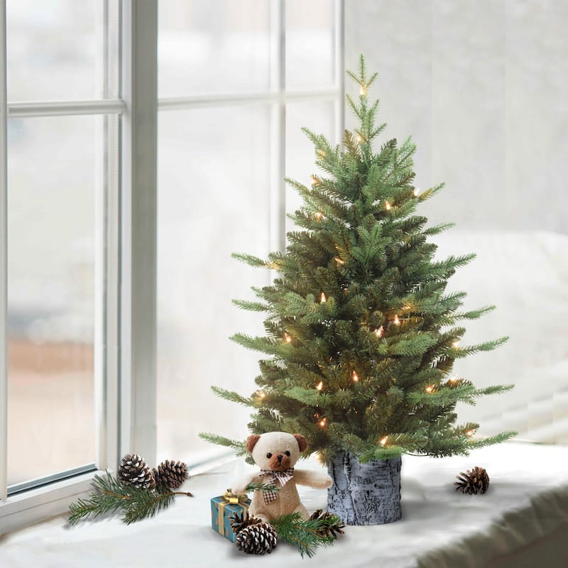 Pre-lit Potted Pine Medium Artificial Christmas Tree - 3’ - Clear Lights - 3 Foot