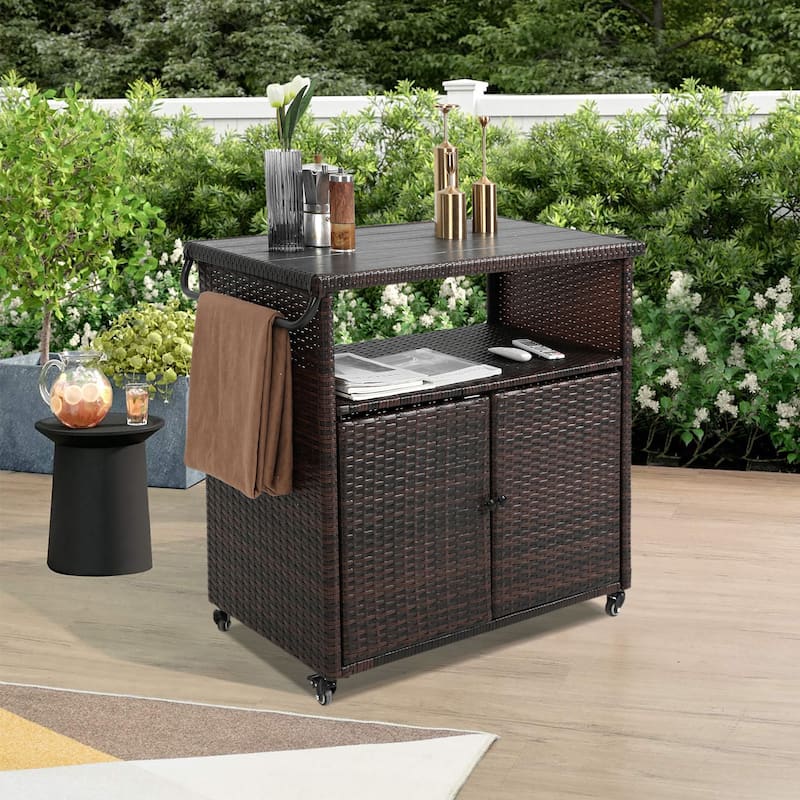 Outdoor Wicker Bar Cart with Glass Countertop, Rolling Rattan Beverage Bar Counter Table on Wheels for Porch, Backyard, Garden - Brown