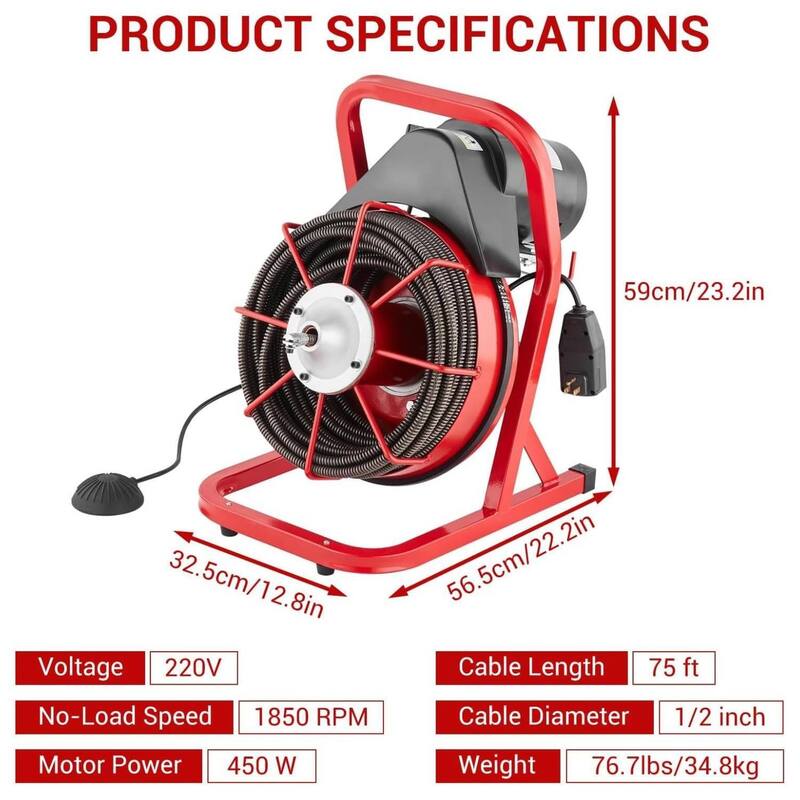75FT 1/2 Inch Portable Drain Cleaning Machine for 1" to 4" Pipes