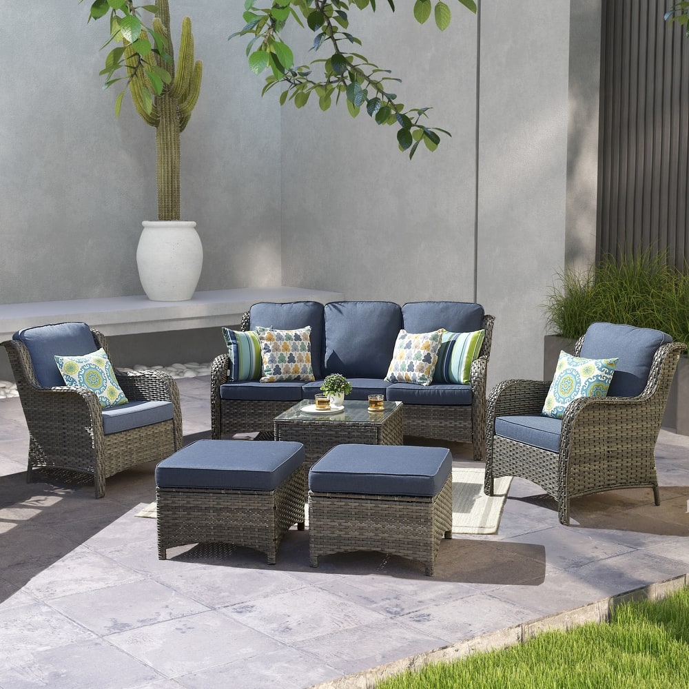 OVIOS 6-piece Patio Conversation Wicker Set with Glass Top Table