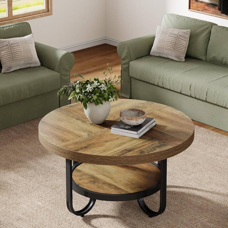 31.1 Inches Brown MDF Round Coffee Table, 2-Tier Industrial Center Table for Living Room
