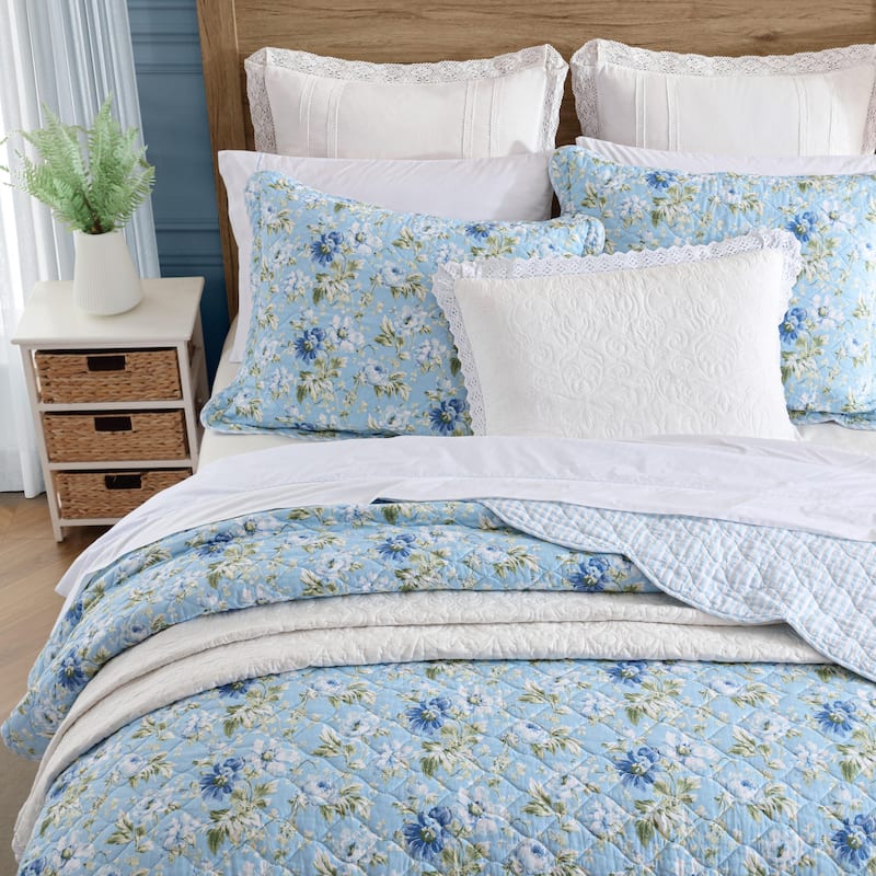 Laura Ashley Peony Garden Cotton Reversible Blue Quilt Set
