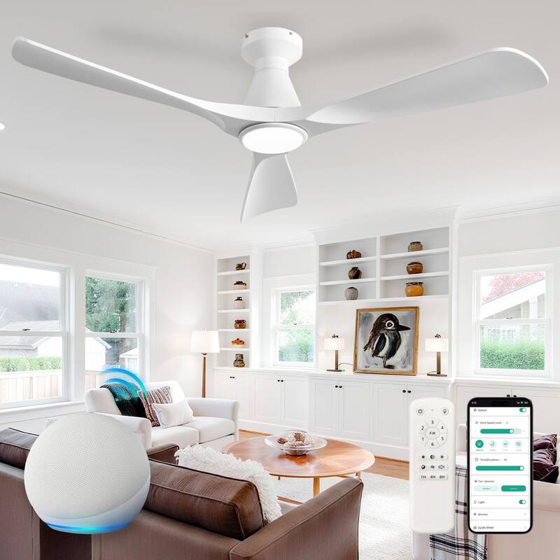 Ceiling Fans with Lights and APP: Flush Mount Low Profile Ceiling Fan for Bedroom - Dimmable Indoor Outdoor Fan - 52in - White