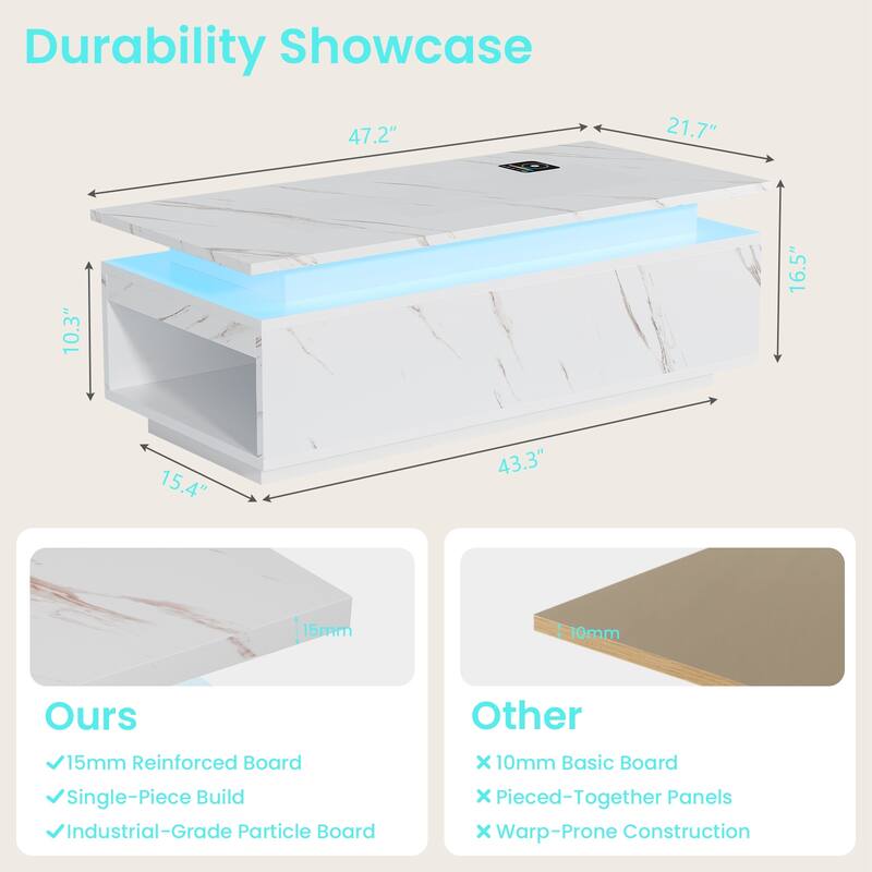 Pocassy 47.2 Inches Living Room Tables with 24 Colors LED Lights