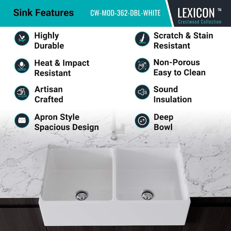 36 x 19 Inch Fireclay Kitchen Sink, Farmhouse Sink, White Fireclay Kitchen Sink, Double Bowl Apron Front, Plain... - 36"x19"