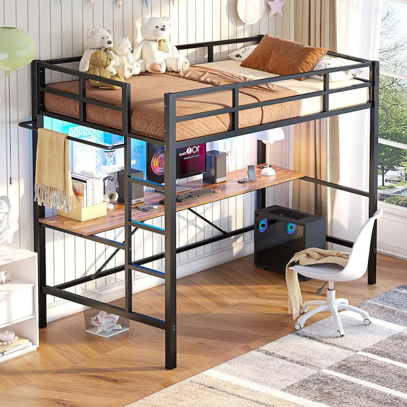 Loft Bed with Desk Gaming Bunk Bed LED Lights Charging Station - Black - Twin