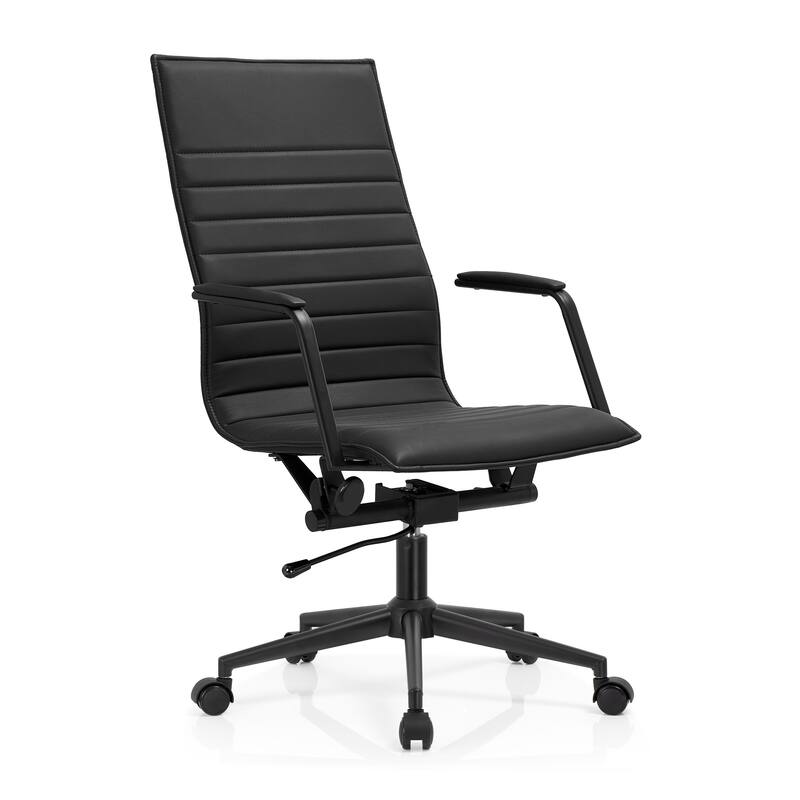 Modern High Back Office Chair Ribbed PU Leather Tilt Adjustable Conference Room Task Work Computer - Black on Black