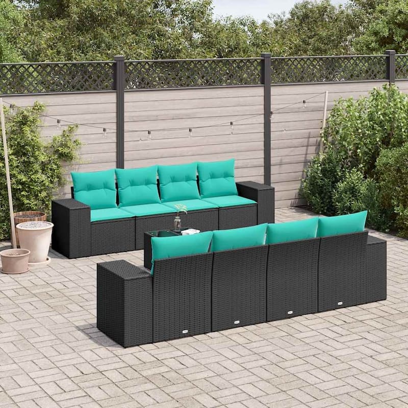 vidaXL 9 Piece Patio Sofa Set with Cushions Black Poly Rattan - 21.7" x 24.4" x 27.2" - Black and blue