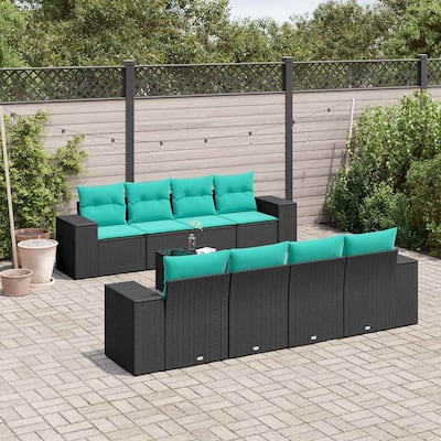 vidaXL 9 Piece Patio Sofa Set with Cushions Black Poly Rattan - 21.7" x 24.4" x 27.2"