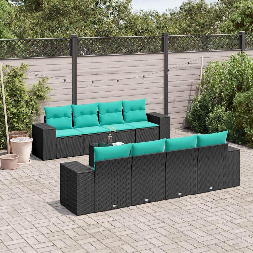 vidaXL 9 Piece Patio Sofa Set with Cushions Black Poly Rattan - 21.7" x 24.4" x 27.2"