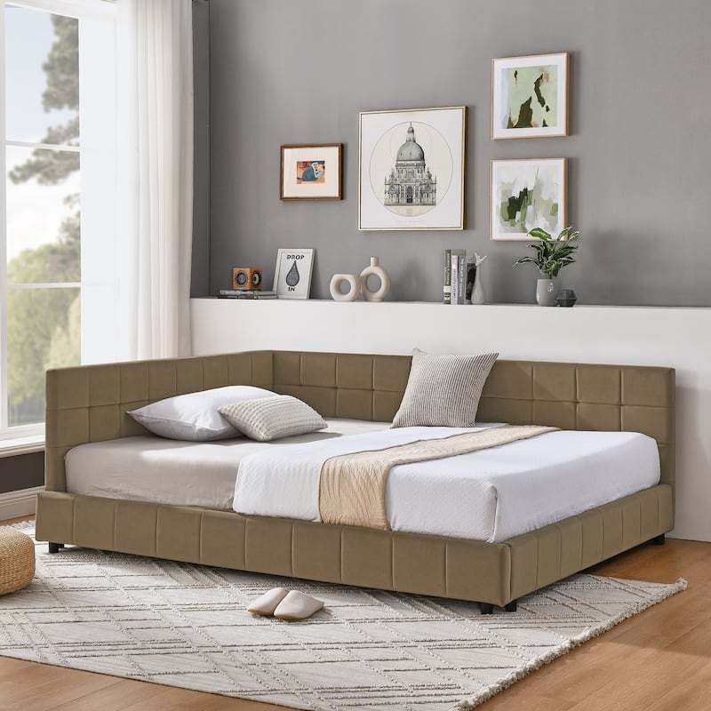 Full Size Daybed Grounded Bed Velvet Upholstered Tufted Bed Frame with L-shaped Backrest & Armrests for Livingroom or Bedroom