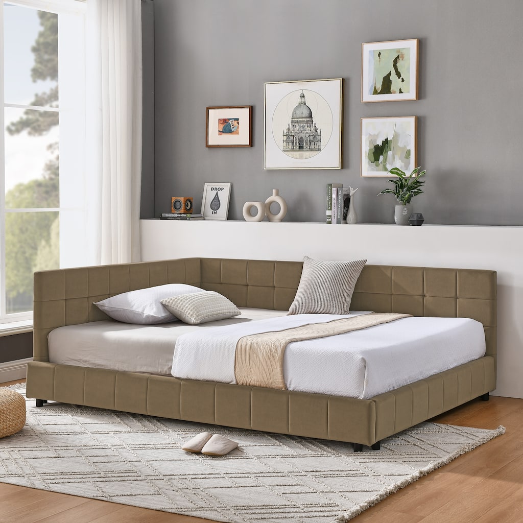 Full Size Velvet Upholstered Tufted Bed Frame with Backrest and Armrests for Bedroom or Living Room