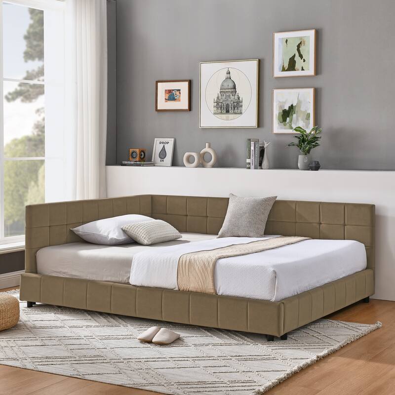 Roomfitters Full Upholstered Tufted Sofa Bed Frame with Backrest and Armrests, Velvet Platform Bed - Brown - Full