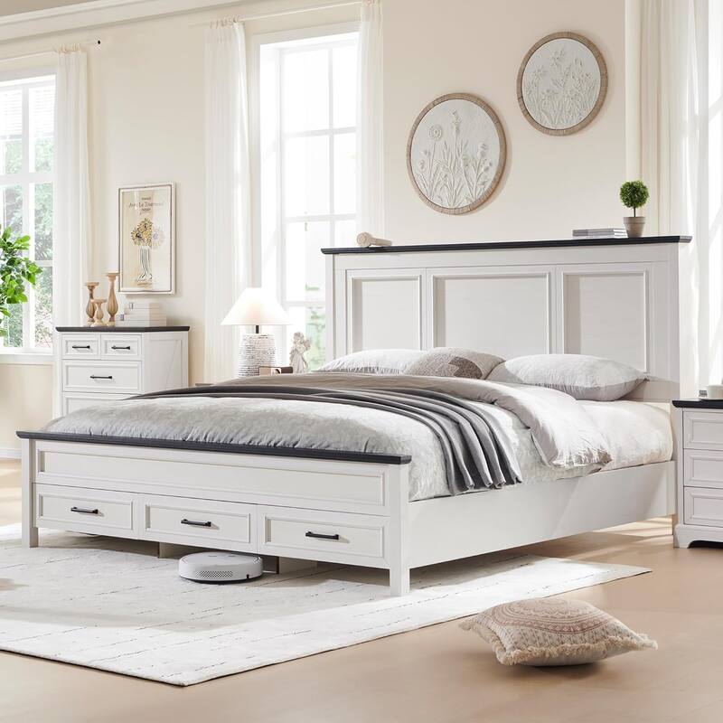 Farmhouse Queen Wood Bed Frame with 52" Tall Headboard & Footboard - Antique White