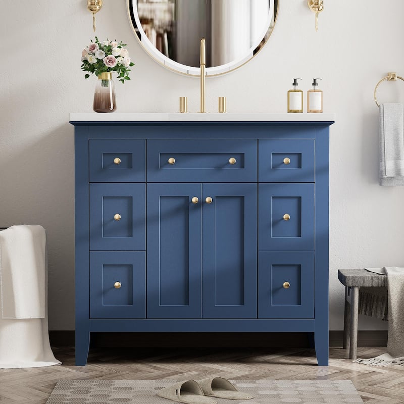 36'' Bathroon Vanity with Resin Sink Combo Set, Modern Freestanding Single Bathroom Cabinet with 6 Drawers & 2 Cabinets