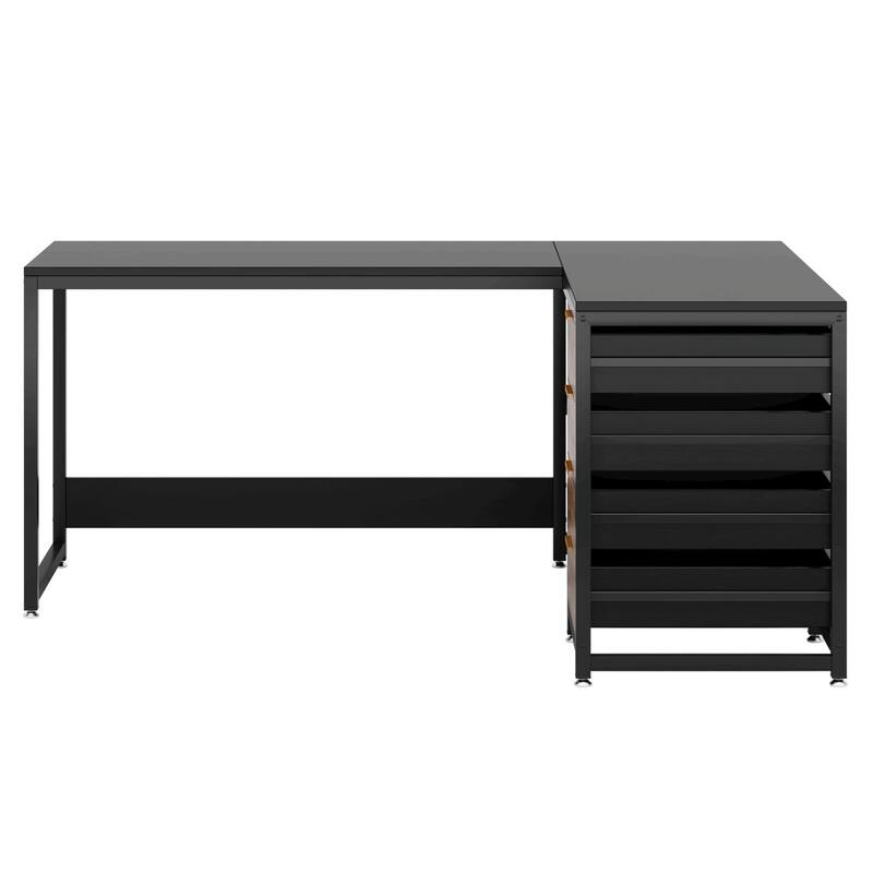 59" L-Shaped Computer Desk with Drawers and Storage Shelves, Reversible, Black