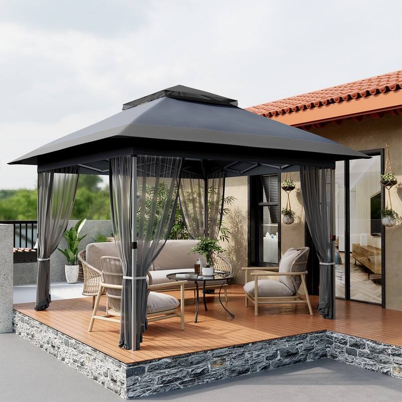12 X 12ft Pop-up Gazebo, Double Roof Tent with Mosquito Netting - Grey
