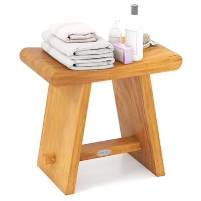Costway 19.5" Teak Shower Bench Waterproof Spa Bath Stool with Curved - See Details