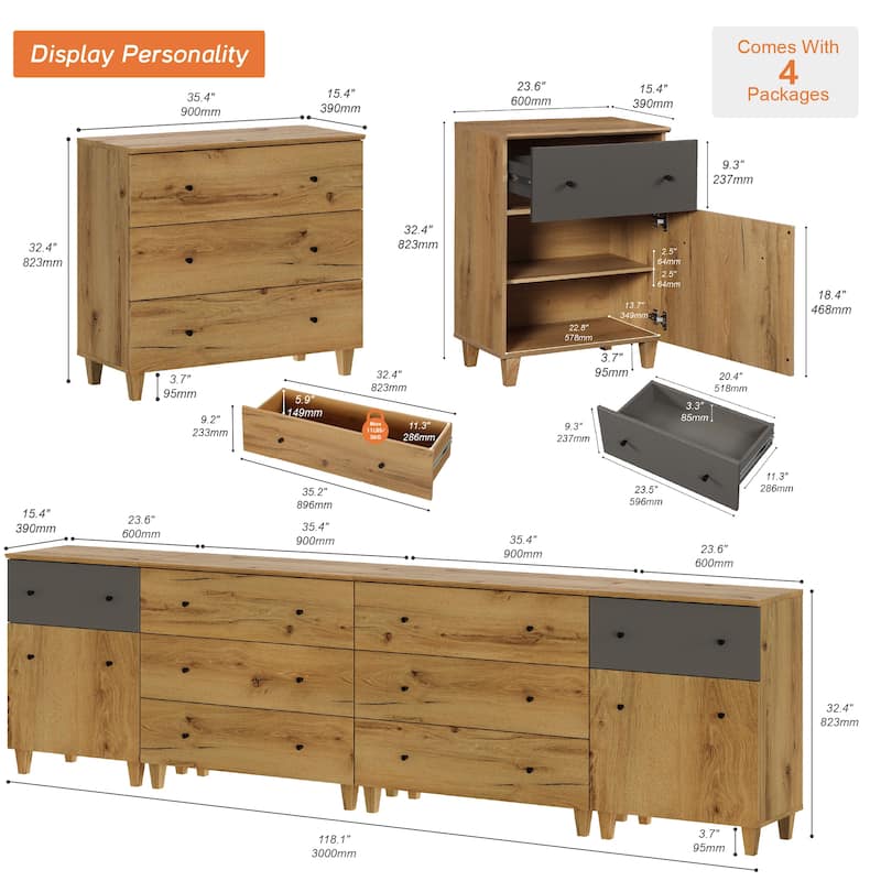 Wood Dresser with 8 Drawers and 2 Cabinets for Bedroom, 118" Wide