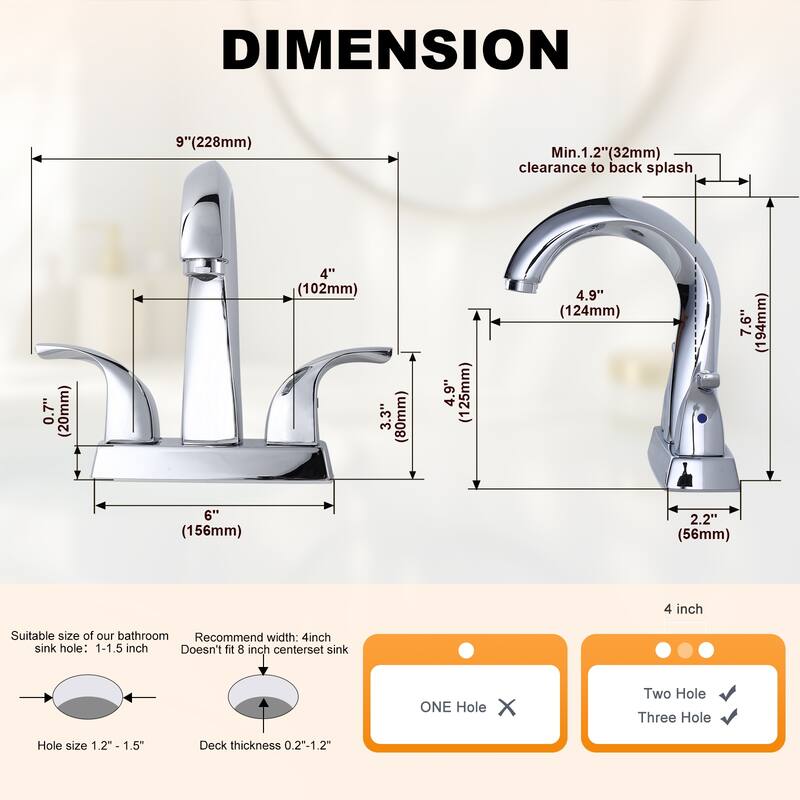 WOWOW 4 in. Centerset Double-Handle Bathroom Faucet with Pop Up Drain
