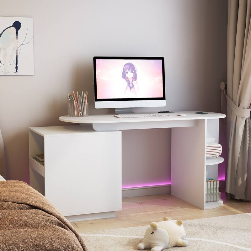 Anmytek White Extendable Computer Desk with Storage Drawers Outlets Modern Gaming Home Office