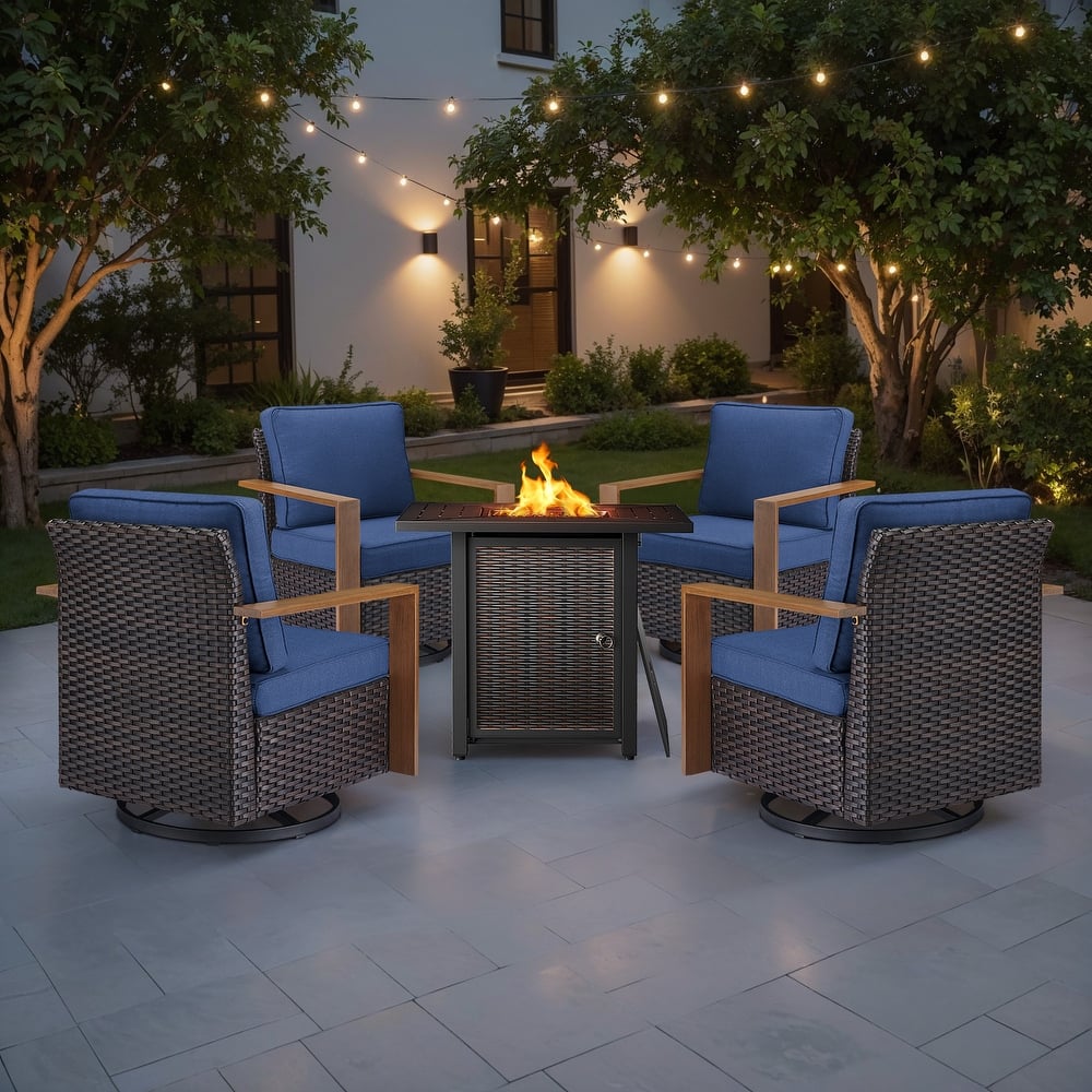 Meyreso 5-Piece Wicker Swivel Glider Metal Fire Pit Set with Plush 4.5" Olefin Cushions