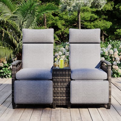 Patio Recliner Loveseat Chair w/ Adjustable Backrest, Wicker Outdoor Lounge Chair Set with Acacia Wood Armrest, Gray
