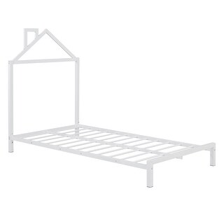 Twin Size Metal Platform Bed with House-Shaped Headboard, White