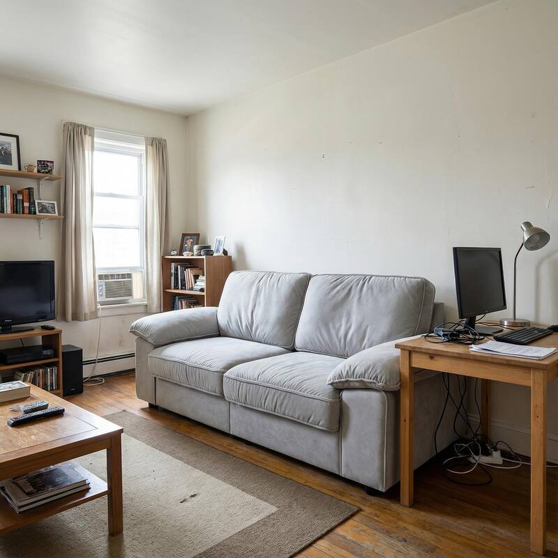 Roomfitters Modern Overstuffed Upholstered Sofa with Hidden Storage and Padded Arms, Comfy Loveseat for Small Space