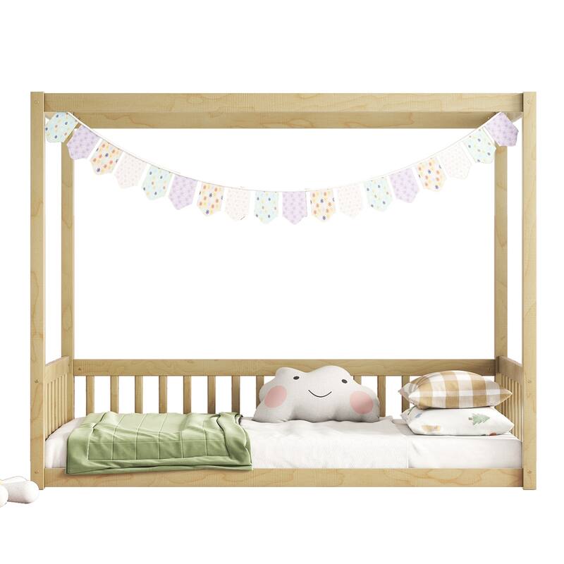 Pine Wood Canopy Frame Floor Bed with Fence and Guardrails for Bedroom
