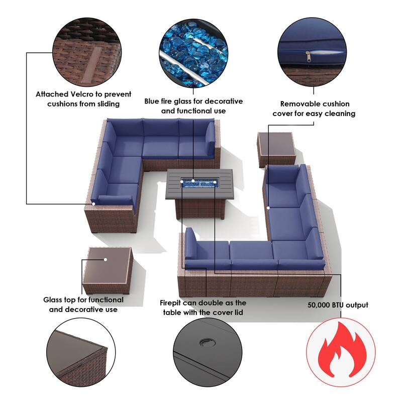 13 Piece Wicker Set Patio Sofa Furniture with Fire Pit And Table