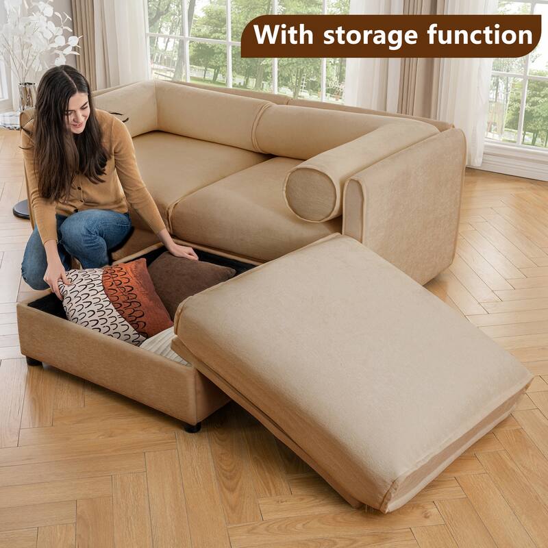 Chenille L-Shaped Sofa with Storage, 3-Seater Couch with Ottoman, Cylindrical Backrests & Armrests, Modern Modular Sofa