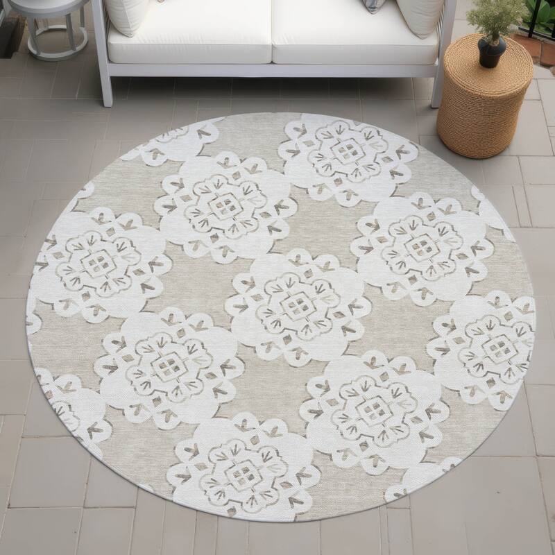 Machine Washable Indoor/ Outdoor Global Motif Chantille Rug - Beige - 8' x 8'
